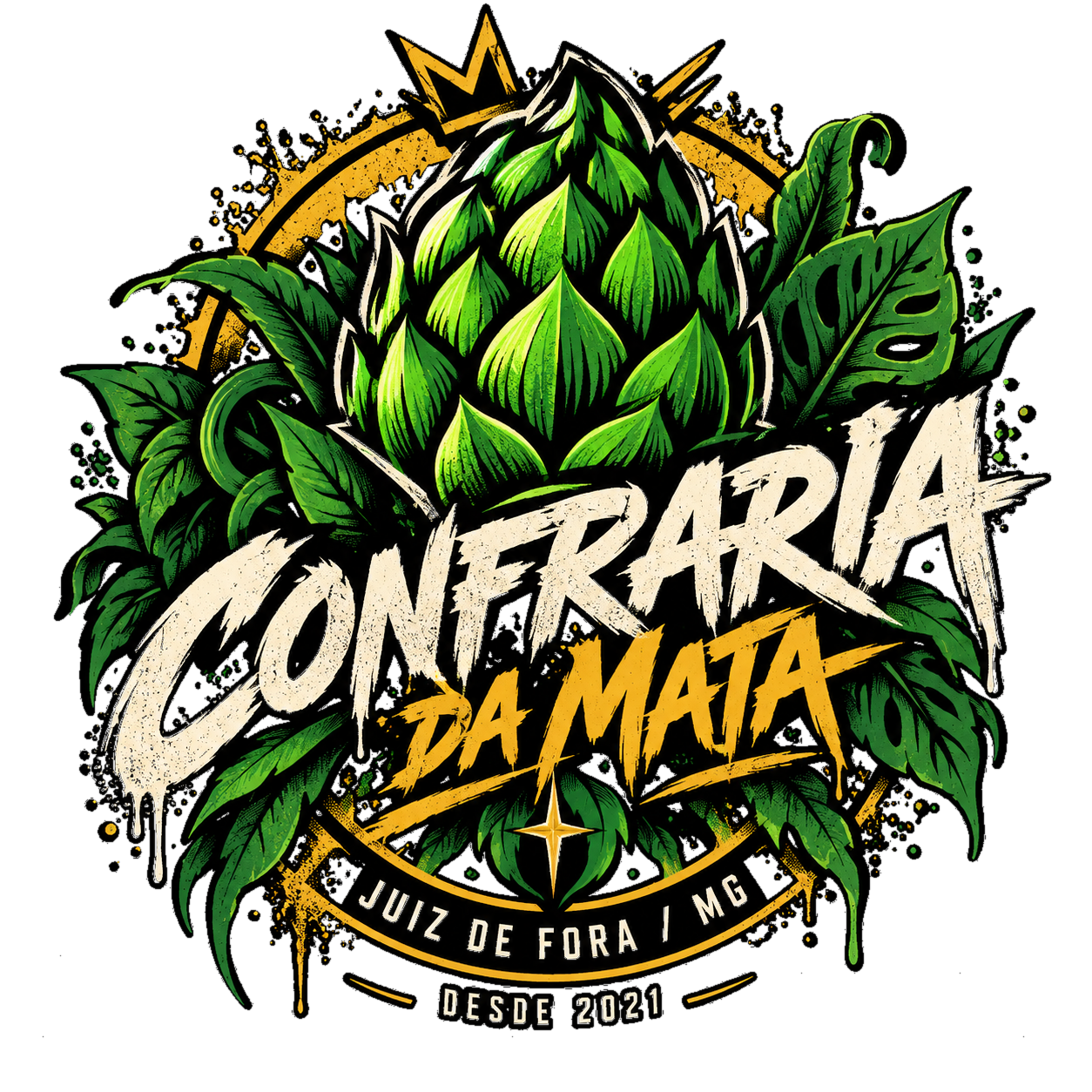 Brasão da Confraria da Mata: cone de lúpulo entre folhas, com o nome em letras de pincel, Juiz de Fora, MG, desde 2021